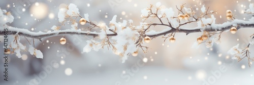 Christmas tree decoration, snowy tree branch closeup, blur bokeh lights background, banner