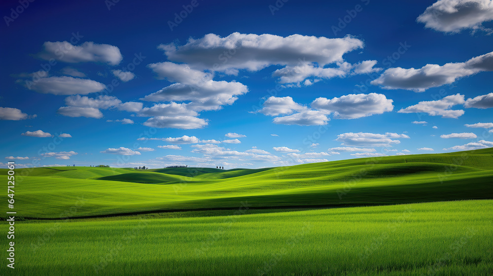 Open field of green grass, blue sky, white clouds