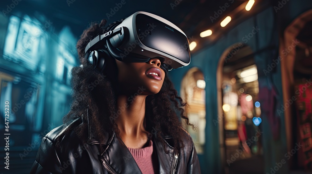 Model navigating a virtual city landscape through a VR headset, showcasing excitement Model navigating a virtual city landscape through a VR headset, showcasing excitement