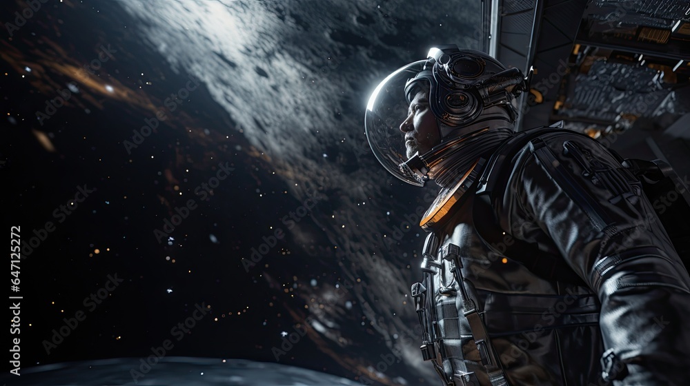 Model using VR to simulate a spacewalk, surrounded by stars and planets Model using VR to simulate a spacewalk, surrounded by stars and planets