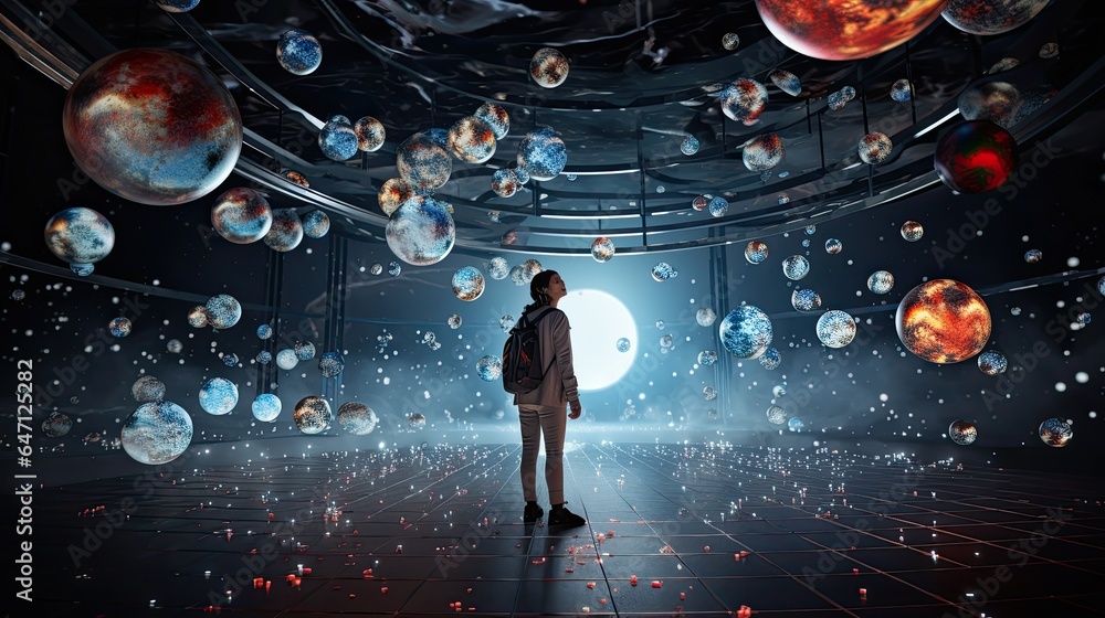 Model using VR to simulate a spacewalk, surrounded by stars and planets Model using VR to simulate a spacewalk, surrounded by stars and planets