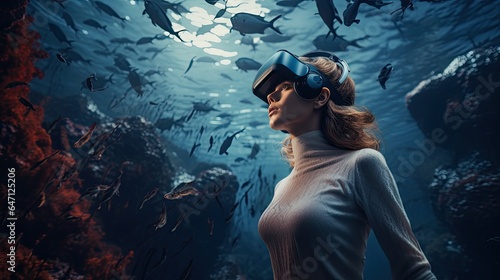 Model exploring a virtual museum through a VR headset, emphasizing her curiosity © Filip