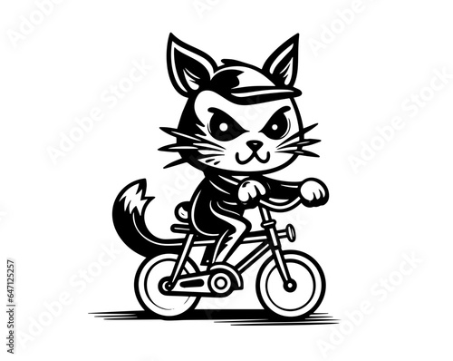 Happy cat on a bicycle. Hand drawn vector illustration.