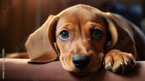 Dog close-up portrait background. Cute adorable funny fluffy puppy face. Home pets, animal care, love and friendship, domestic animals concept.. © Oksana Smyshliaeva