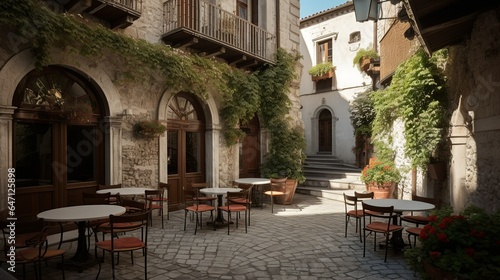 Cozy coffee house terrace in a Mediterranean cute town  © Hdi