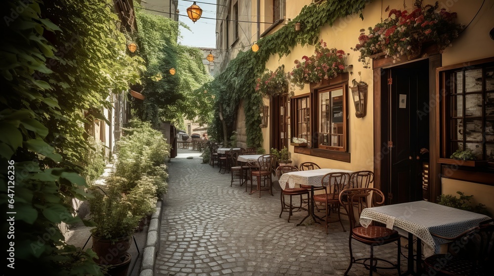 Cozy cafe terrace in a Mediterranean cute town 