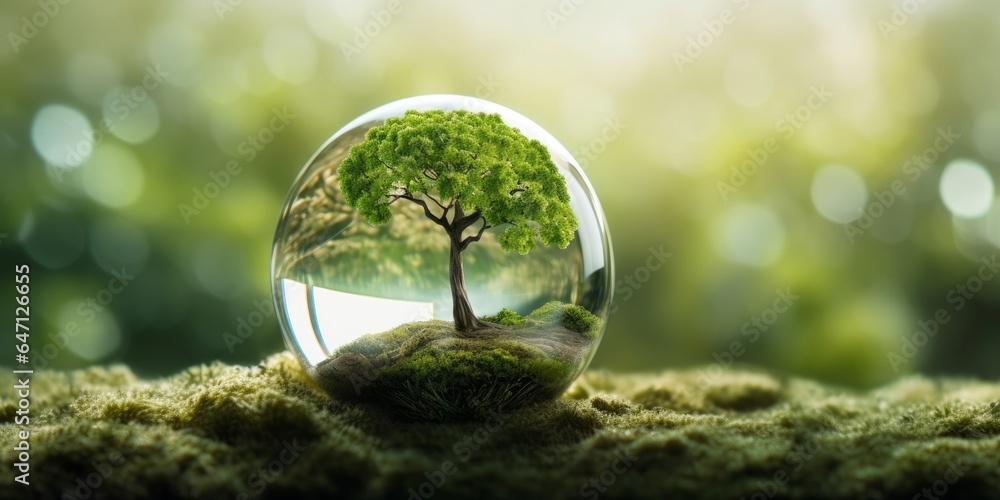 tree growth on globe glass in nature. concept eco earth day, Generative AI - obrazy, fototapety, plakaty 