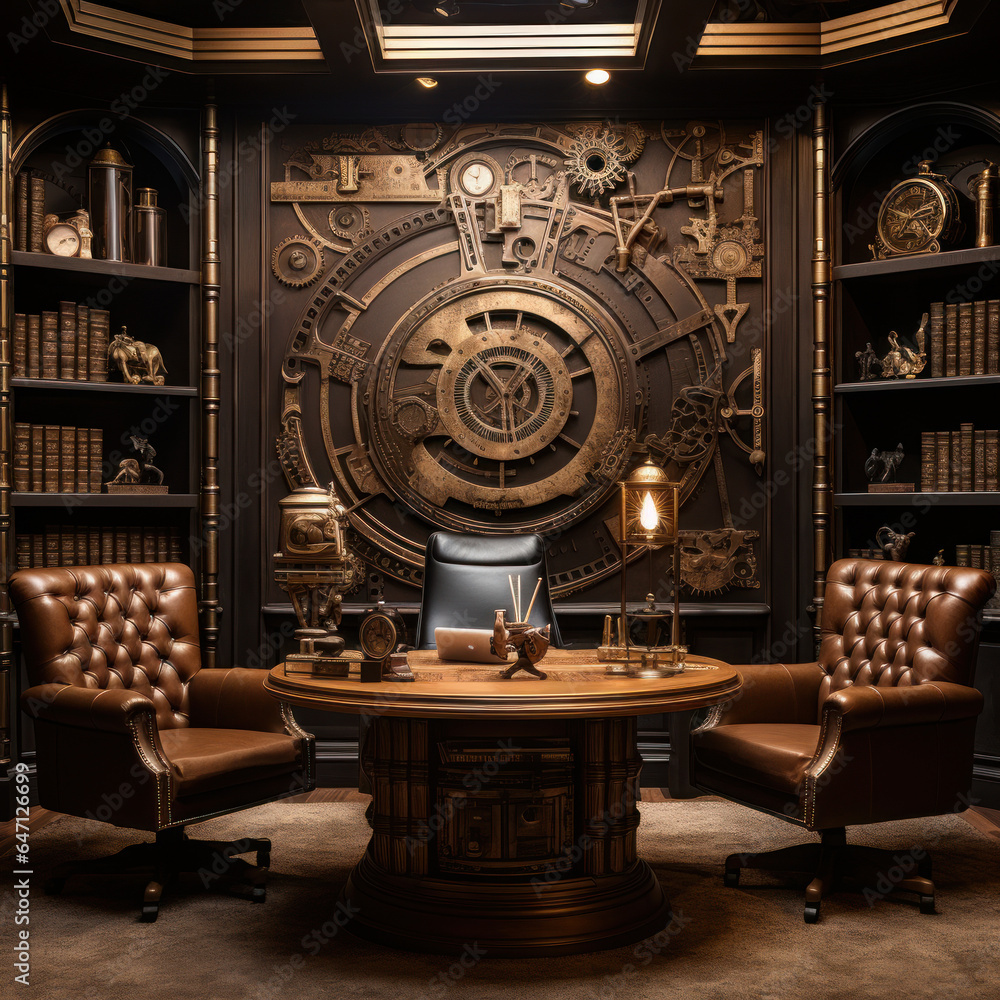  A steampunk-inspired study with brass-covered walls 
