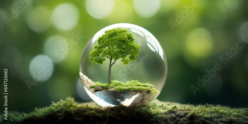 tree growth on globe glass in nature. concept eco earth day, Generative AI photo