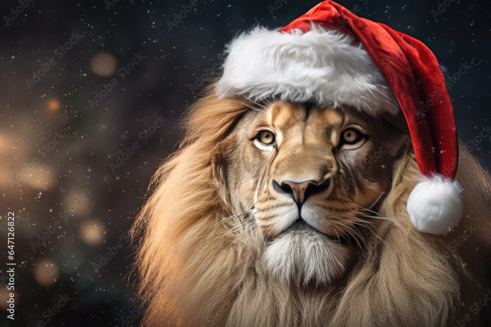 New Year animal concept, a pet during the Christmas winter holidays. The holidays are coming, a dangerous wild lion dressed as Santa brings gifts to good children. New Year animal concept, a pet during the Christmas winter holidays. The holidays are coming, a dangerous wild lion dressed as Santa brings gifts to good children.