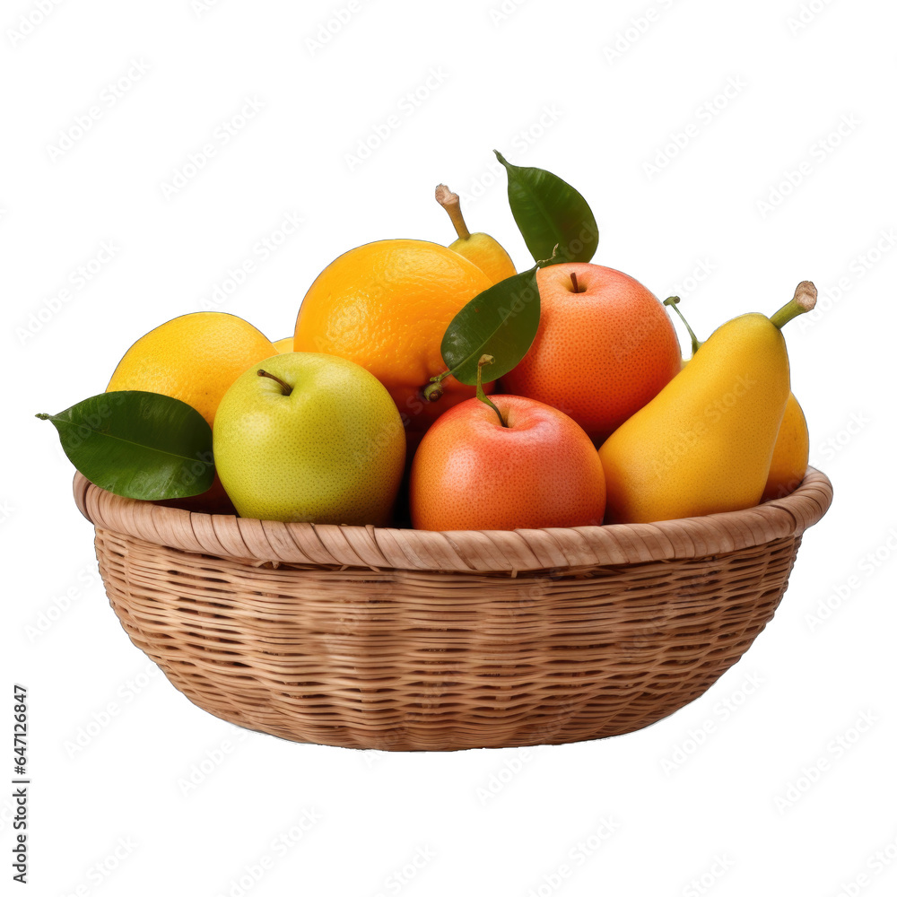 Fruit basket with oranges and pears in a wooden basket with a lid isolated on transparent background Fruit basket with oranges and pears in a wooden basket with a lid isolated on transparent background