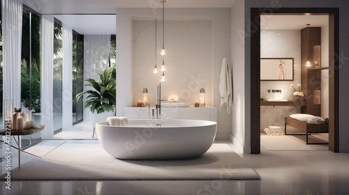 Immerse yourself in the luxury of a modern bathroom retreat. The photograph captures a spa-like space with sleek fixtures  a freestanding tub  and soft ambient lighting and inviting relaxation.