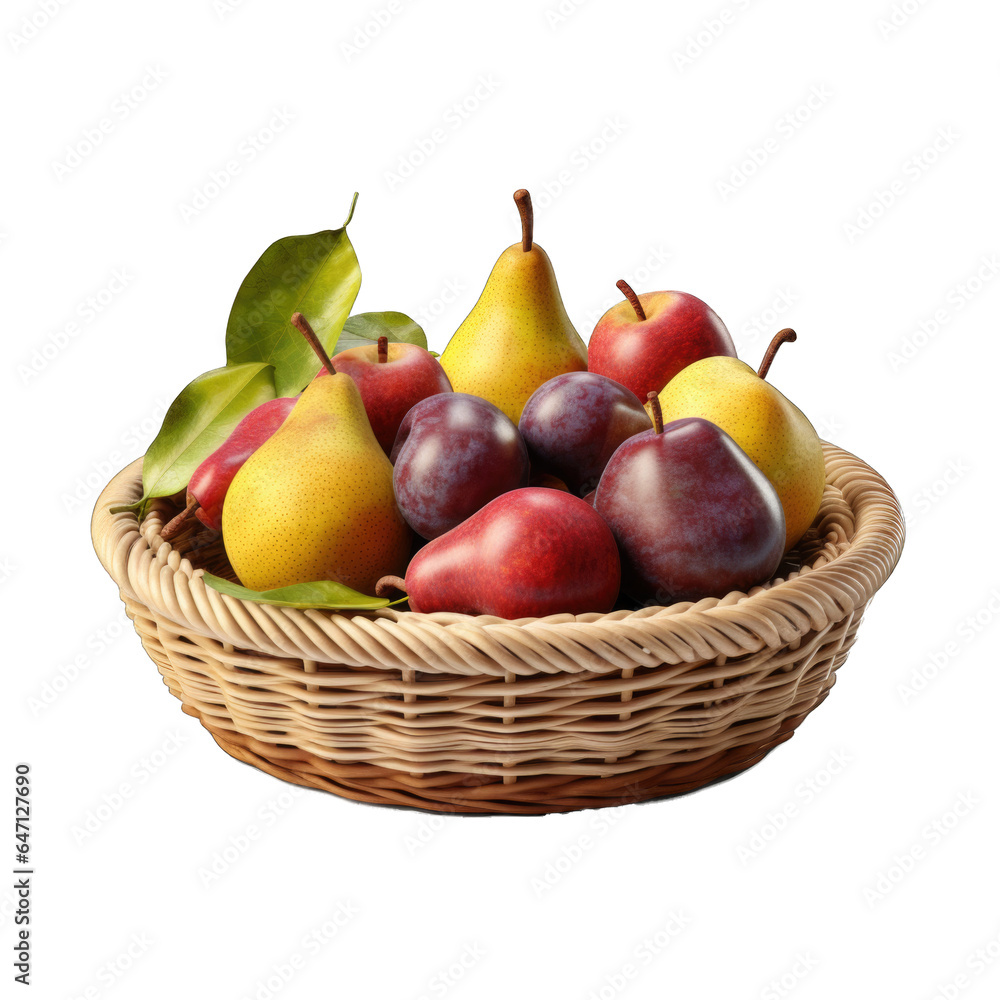 Basket with pears and plums in a ceramic frame isolated on transparent background