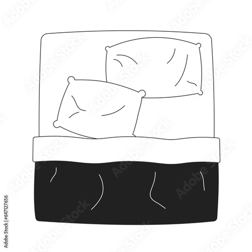 Comfortable king size bed monochrome flat vector object. Unmade bed. Editable black and white thin line icon. Simple cartoon clip art spot illustration for web graphic design