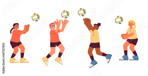 Female volleyball players flat concept vector spot illustration. Team game. Hitting ball 2D cartoon characters on white for web UI design. Sport isolated editable creative hero image