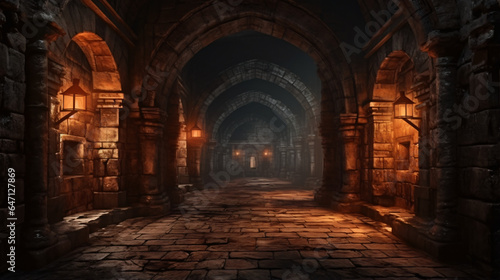 Dungeon with a long corridor. Medieval castle corrida