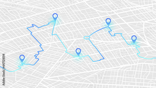 Isometric main road throughout map. Navigation mapping technology for obtaining data on distance and turns of the path. The path from a point to the intended goal, many destinations, signs Vector