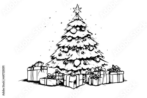 Sketch Merry Christmas decoration with Christmas pine fir tree and gift boxes. Vector illustration minimalistic design