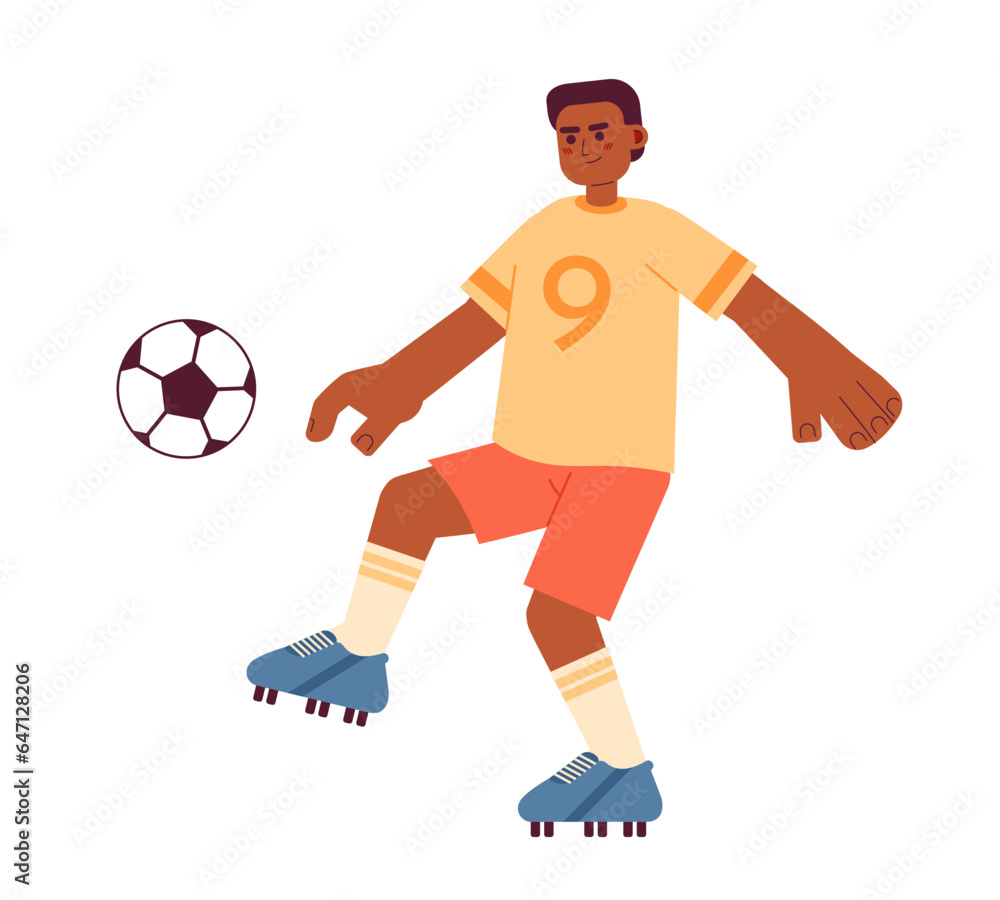 African american footballer semi flat color vector character. Man kicking ball. Sport game. Editable full body person on white. Simple cartoon spot illustration for web graphic design