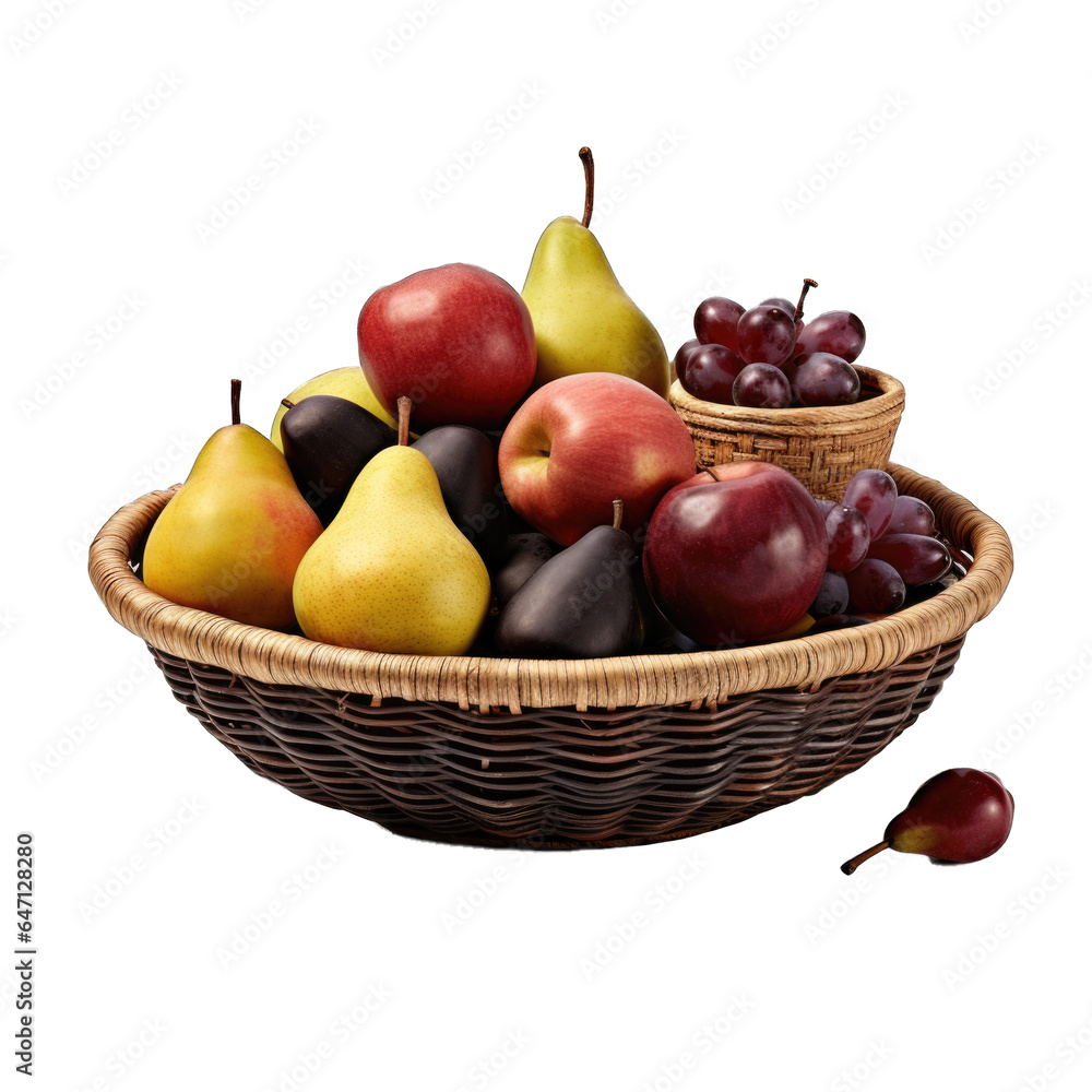 Basket with pears and plums in a ceramic frame isolated on transparent background Basket with pears and plums in a ceramic frame isolated on transparent background