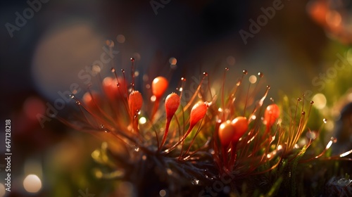 Macro Photography Red Sporophyte and Polytrichum Commune Cinematic. Created with Generative AI Technology photo