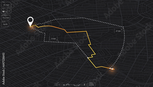 Path from the point to the intended goal, several types of way to the arrival point. Location tracks dashboard. Navigation for obtaining data on distance, turns of the path. Vector, illustration