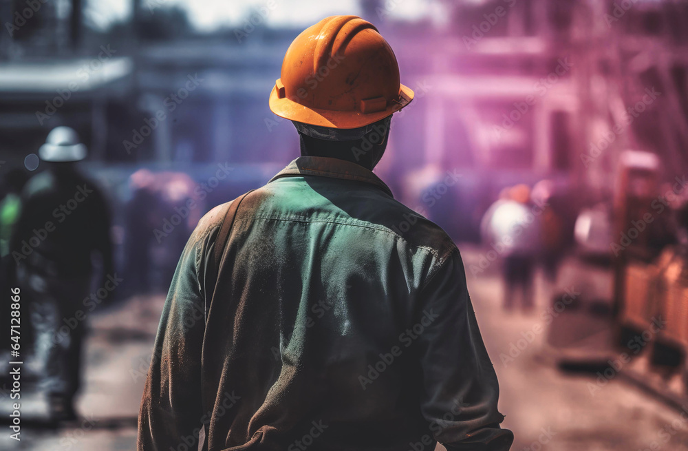 Person in an Orange Hardhat Walking onto a Construction Site, A Glimpse of Progress Person in an Orange Hardhat Walking onto a Construction Site, A Glimpse of Progress
