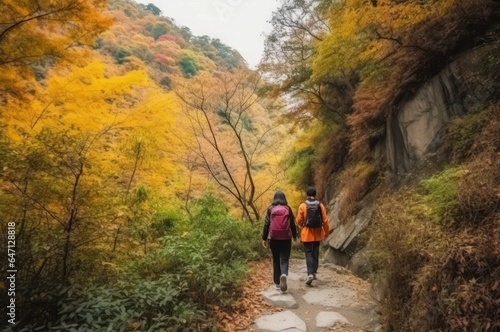 Couple forest walking autumn season. Generate Ai
