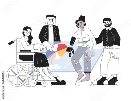 Collaboration co-workers black and white cartoon flat illustration. Diverse office team. Business people whiteboard linear 2D characters isolated. Corporate employees monochromatic scene vector image