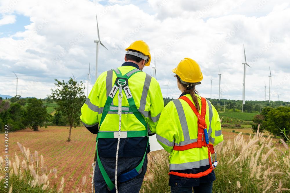Engineering people are meeting at electrical turbines field, Engineering people, corporate working, teamwork concept Engineering people are meeting at electrical turbines field, Engineering people, corporate working, teamwork concept