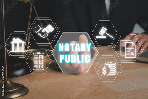 Fotografi Notary public concept, Businessman hand touching notary public icon on virtual screen