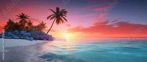 A serene beach with palm trees and a breathtaking sunset