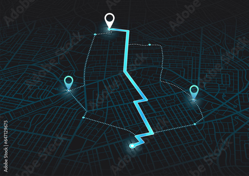 Isometric Gps, graphic tourist map of territory. The path marked on the map to the designated point. Fragments of town. Futuristic route dashboard gps map tracking. Vector illustration, Abstract