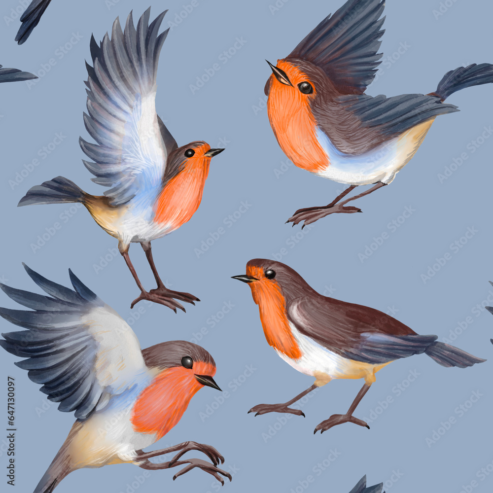 Seamless pattern with watercolor Robin birds In blue background Seamless pattern with watercolor Robin birds In blue background