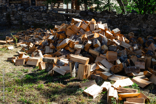 The firewood is lying in the yard. bright sunlight