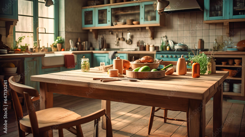 Warm and Inviting Kitchen Scene with a Wooden Table