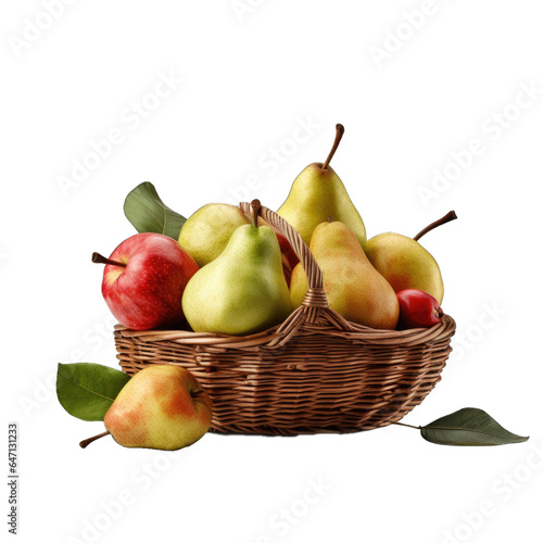 Pears and apples in a basket with stone-like finish isolated on transparent background