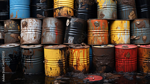 dirty barrels with petroleum products  toxic chemicals that pollute the environment  toxic waste