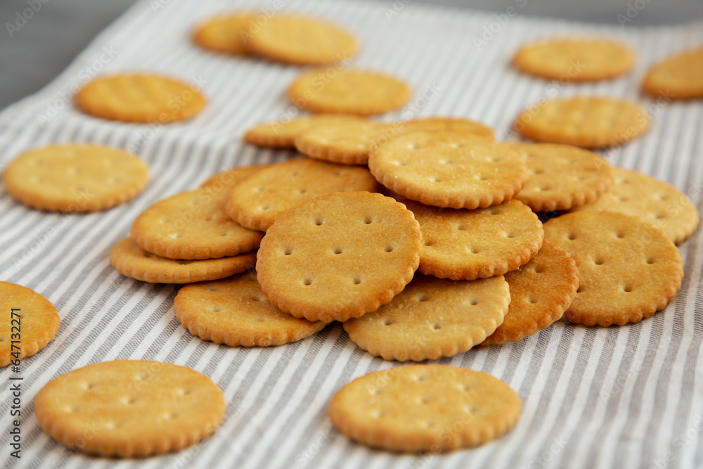 Round Crispy Crackers with Sea Salt on a gray background, low angle view.