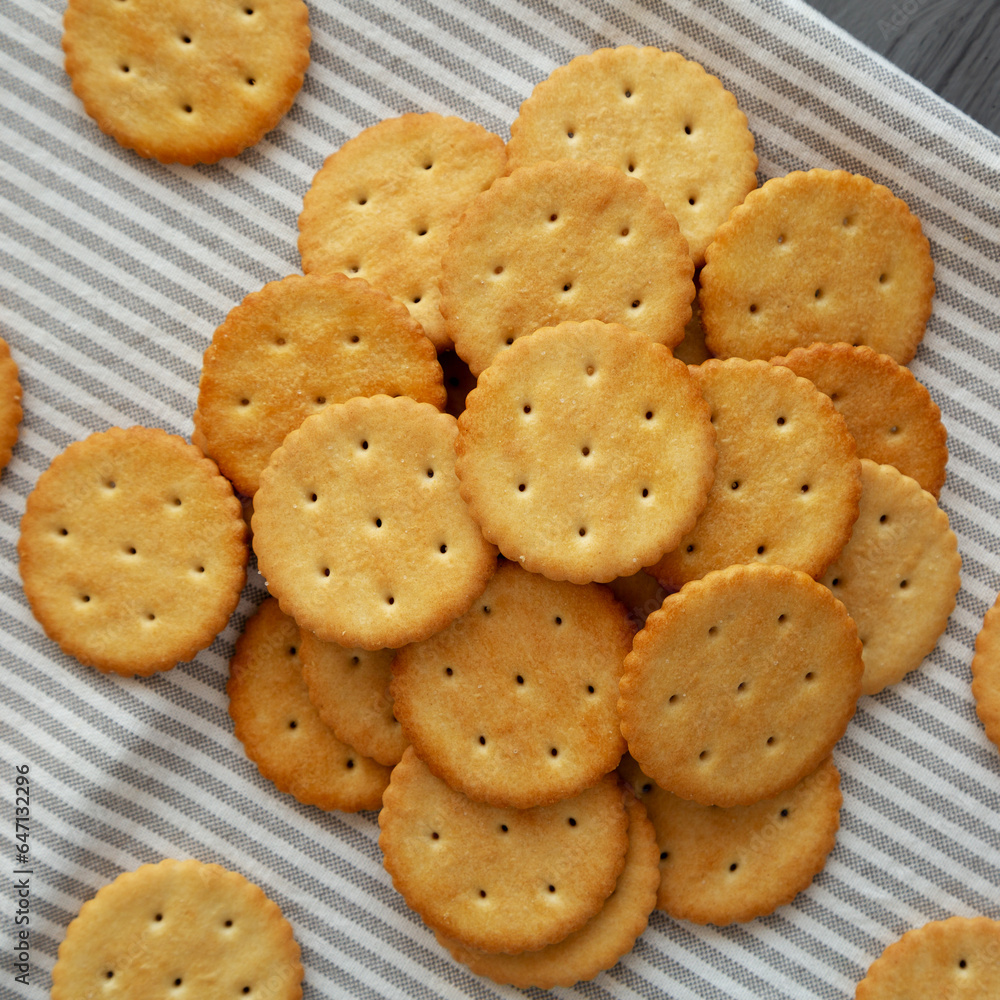 Round Crispy Crackers with Sea Salt on a gray background, top view. Round Crispy Crackers with Sea Salt on a gray background, top view.