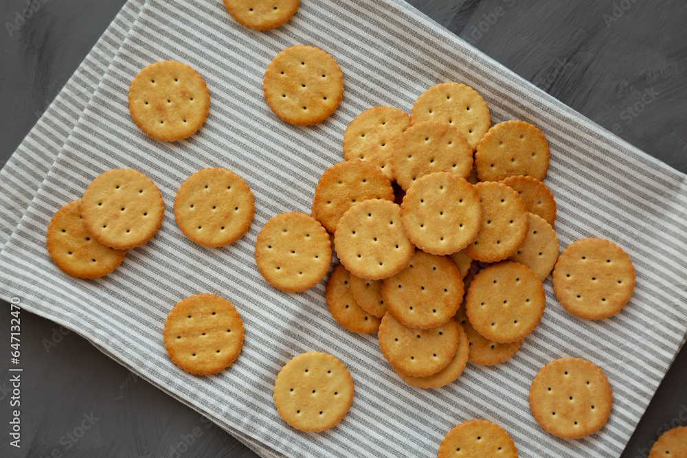 Round Crispy Crackers with Sea Salt, top view. Round Crispy Crackers with Sea Salt, top view.