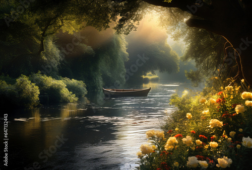A serene river with a boat surrounded by green forest © swissa