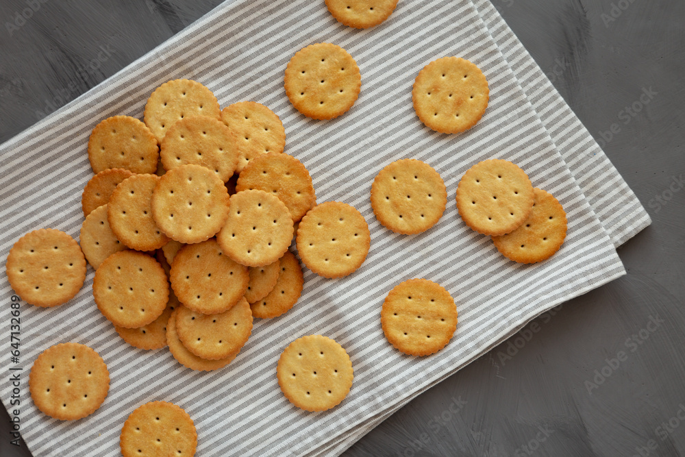 Round Crispy Crackers with Sea Salt, top view. Round Crispy Crackers with Sea Salt, top view.