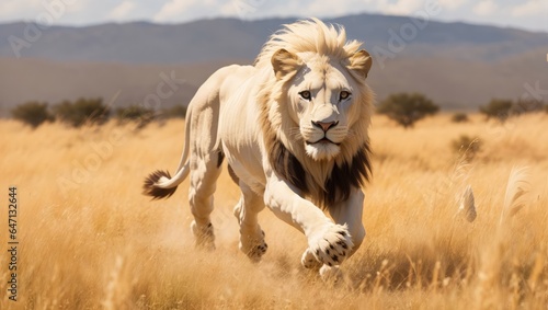 A majestic white lion sprinting across the golden grasslands of the African savannah  its mane flowing in the wind.