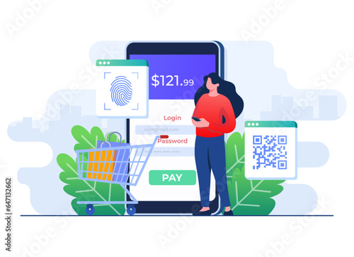 Online payment with fingerprint scanner and qr code, Secure payment transaction concept flat illustration vector template, Online payment gateway, Online shopping, Secure digital money transfer method