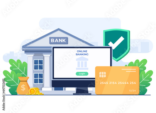 Log into online bank account with computer flat illustration, Online bank login page with username and password, Money transfer and cash withdrawal, Digital wallet, Secure access to personal account photo