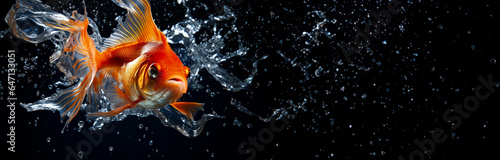 Goldfish splashing in water  isolated on a black background with copy space.
