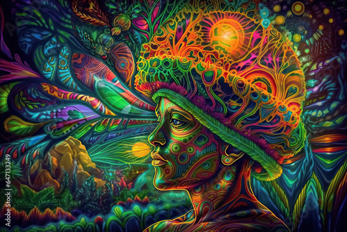 Ayahuasca experience, spiritual psychedelic hallucinations surreal illustration