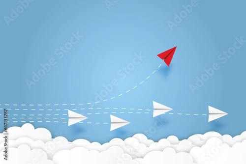 Paper plane go to success goal vector business financial concept start up  leadership  creative idea symbol paper art style with copy space for text. illustration