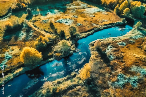 Aerial View of River in Countryside under Blue Skies